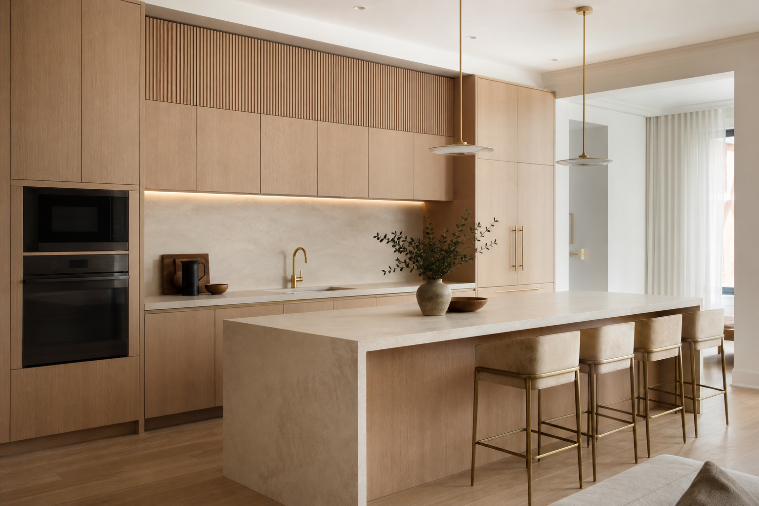 Completed natural white oak kitchen with stone island