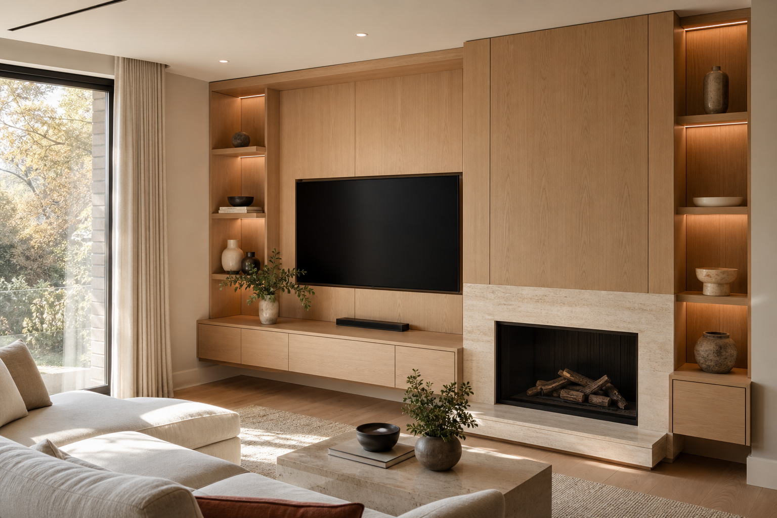 Completed white oak living room millwork and fireplace wall