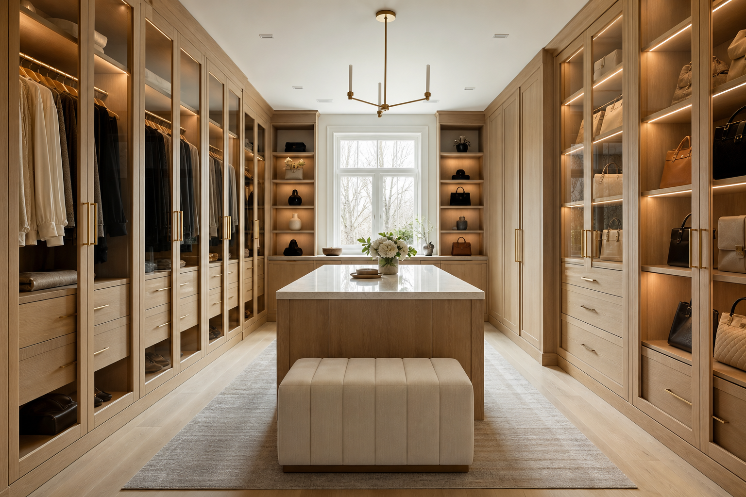 Completed white oak walk-in wardrobe with integrated lighting